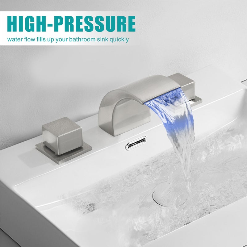 SKOWLL 2 Handle LED Bathroom Faucet, Brushed Nickel Waterfall Deck Mount Roman Tub Faucets, 8 Inch Widespread Modern Vanity Sink Faucet for 3 Hole - Image 3